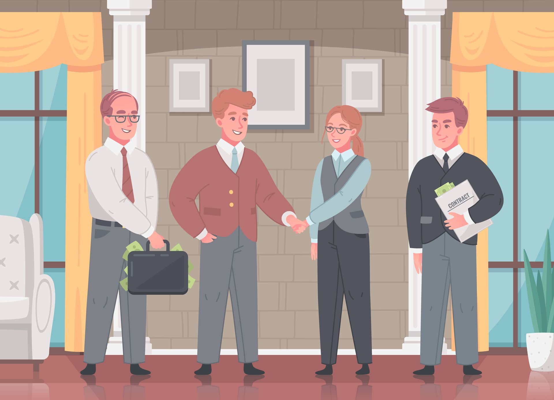 A group of business people shaking hands in a room.