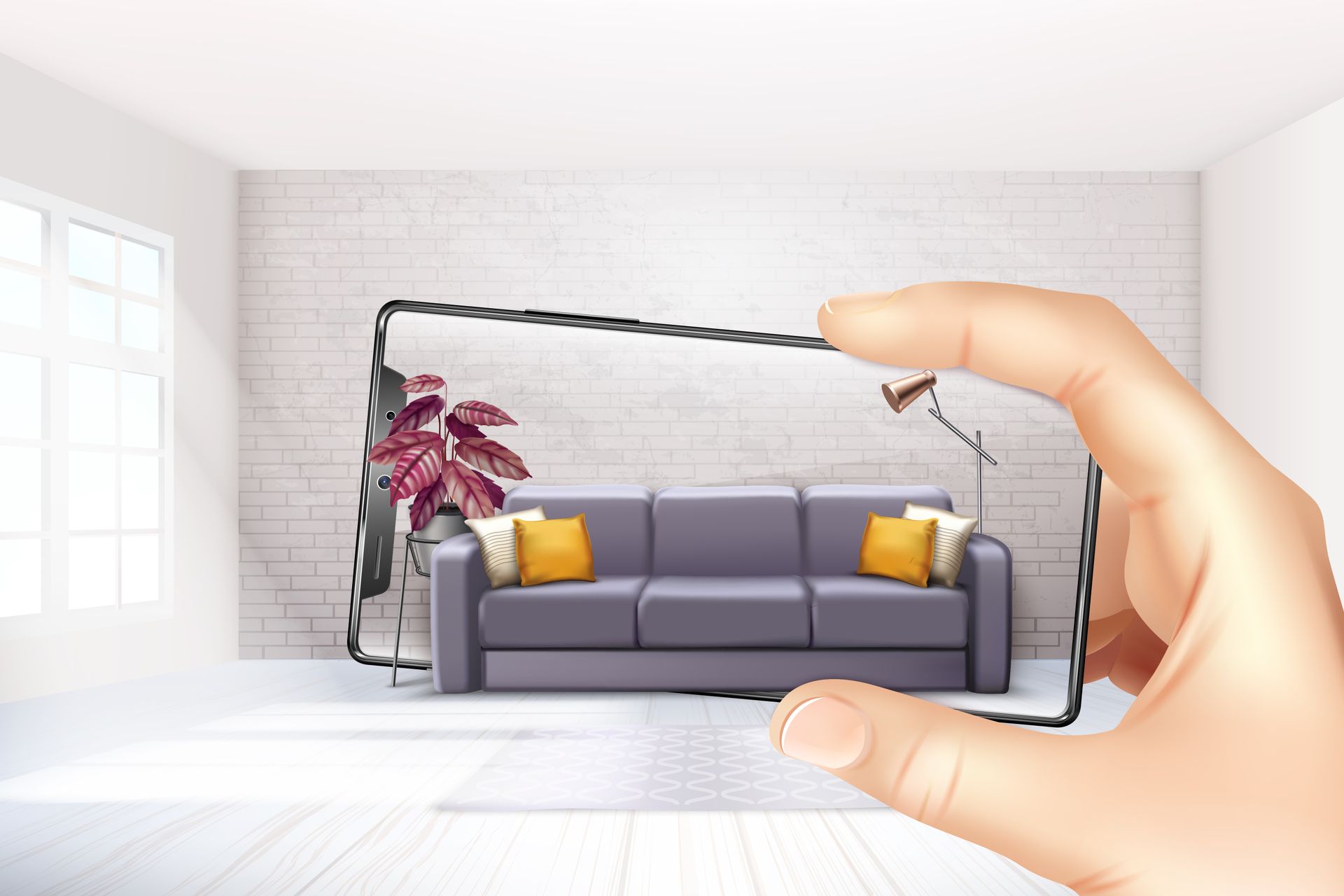 A person is holding a card with a picture of a couch on it.
