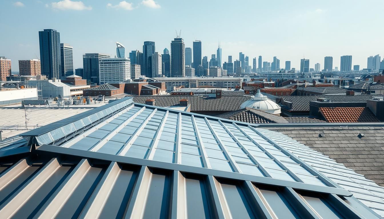 Rooftop solar panels with a city skyline in the background under a clear sky