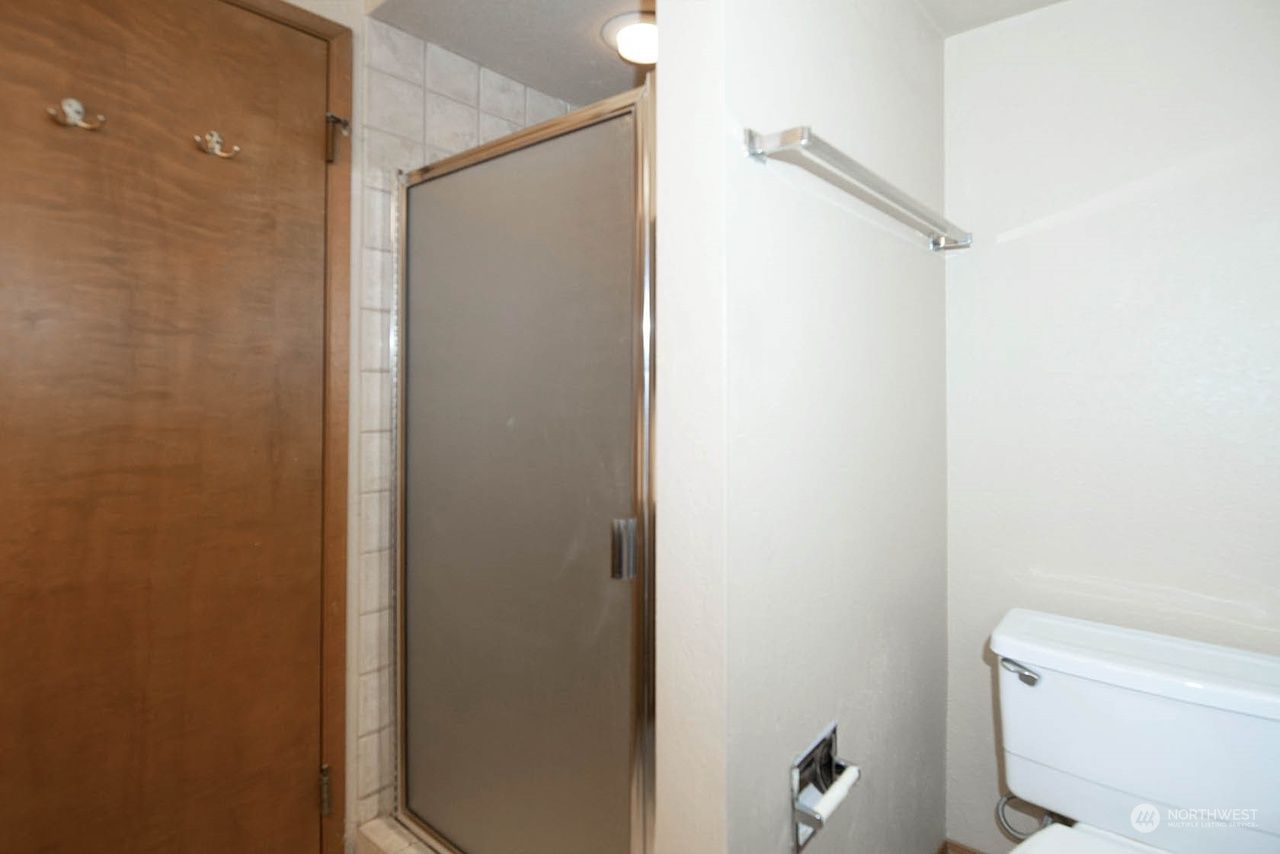 Small bathroom with frosted shower door, wooden door, and toilet visible on the right.