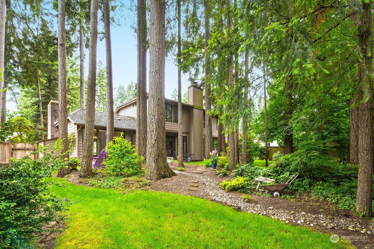 Wooded backyard with a stone house, tall trees, green lawn, and a garden path
