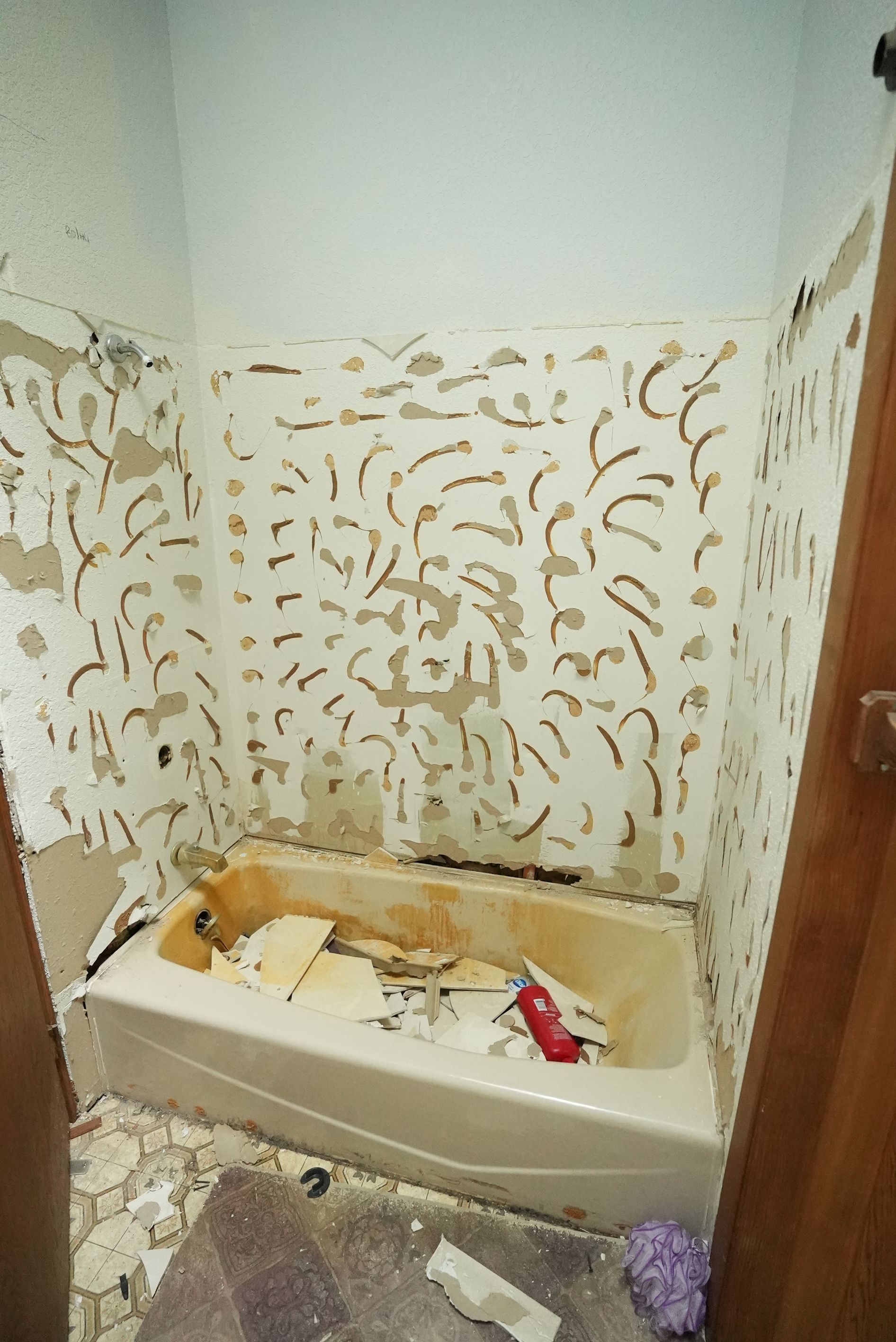 Damaged bathroom tub and walls with peeling paint and debris on the floor