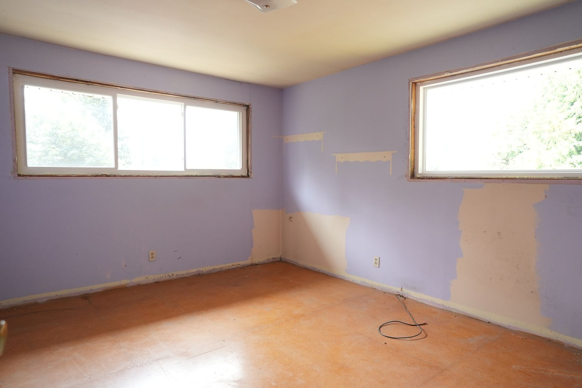 Empty lavender bedroom with hardwood floor and two windows
