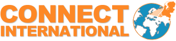 A logo for connect international with a globe in the middle