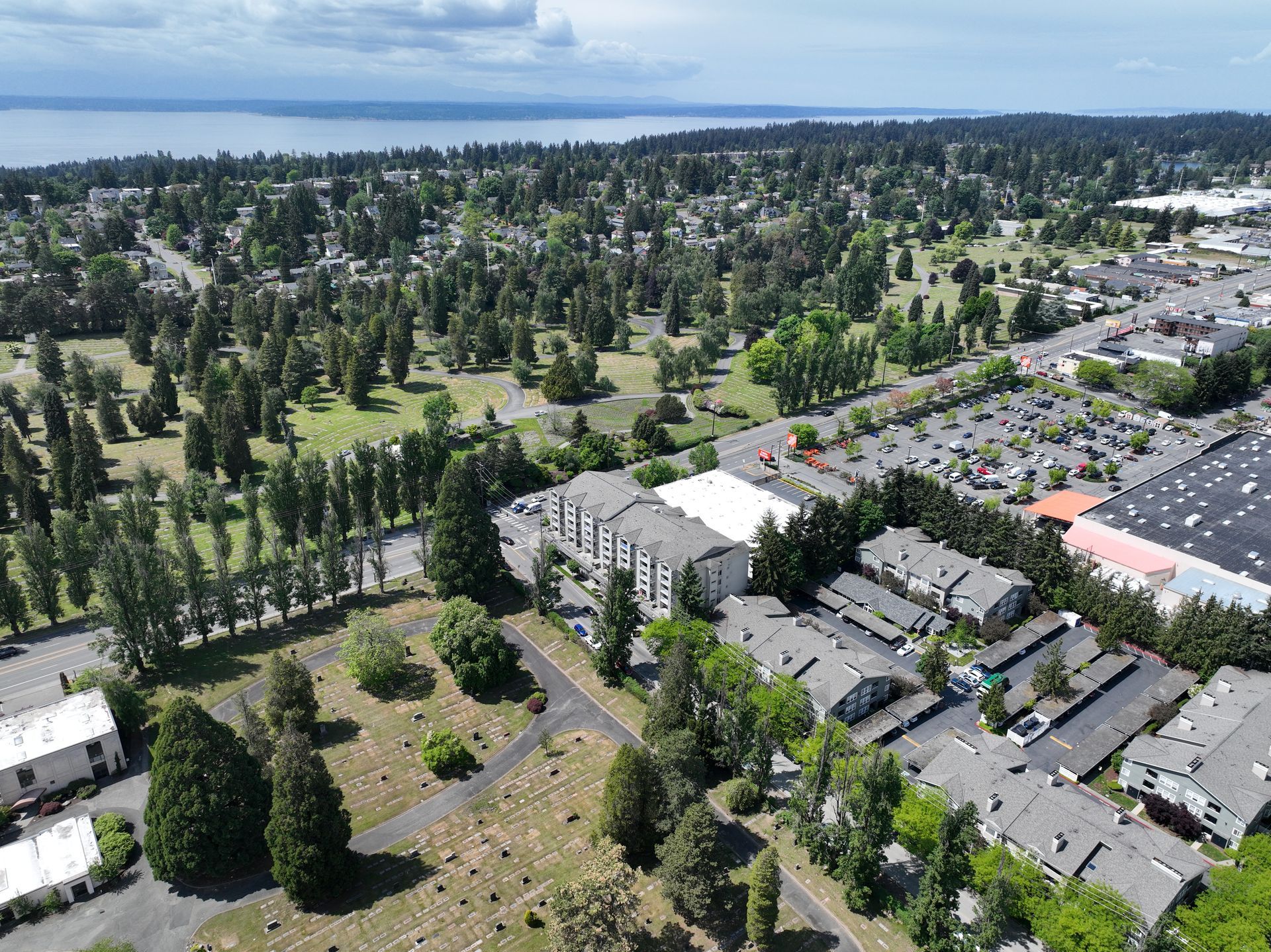 An aerial view of a city with lots of trees and buildings.