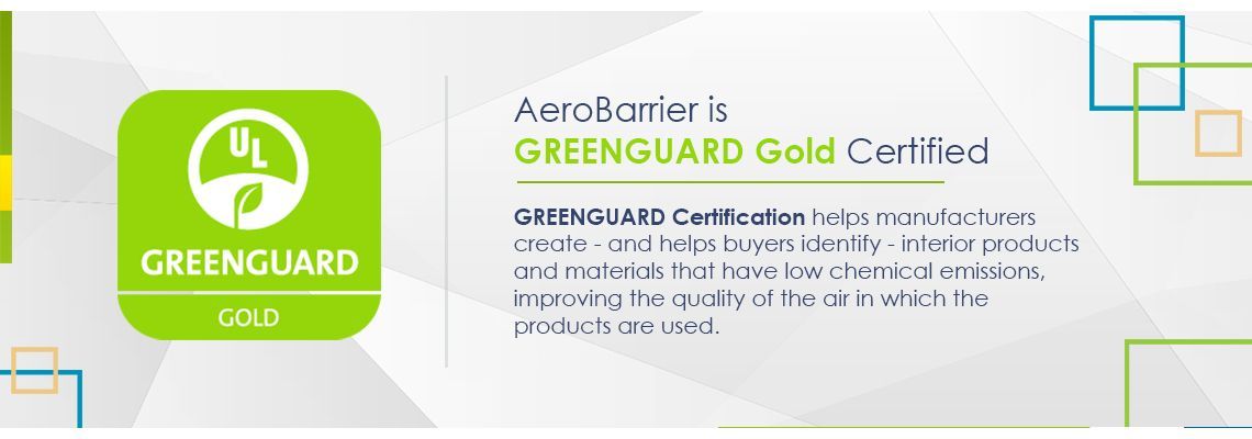 AeroBarrier’s GREENGUARD Gold certified logo on a white and green certification banner