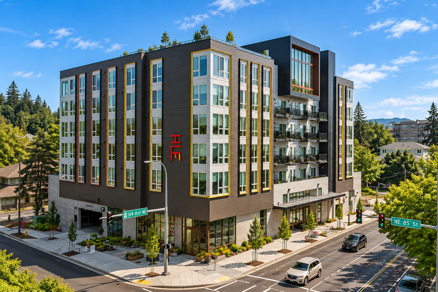 Hue Apartments in Redmond, WA, aluminum siding, metal fins and Longboard by United Seattle