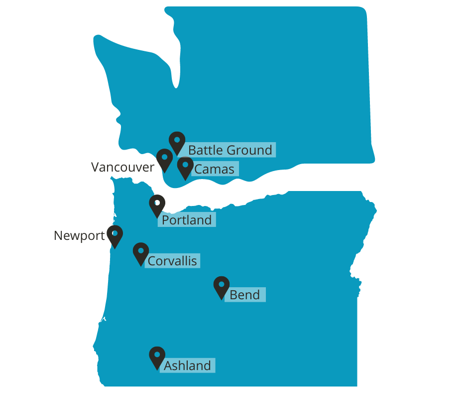A map of the state of washington showing the location of various cities.