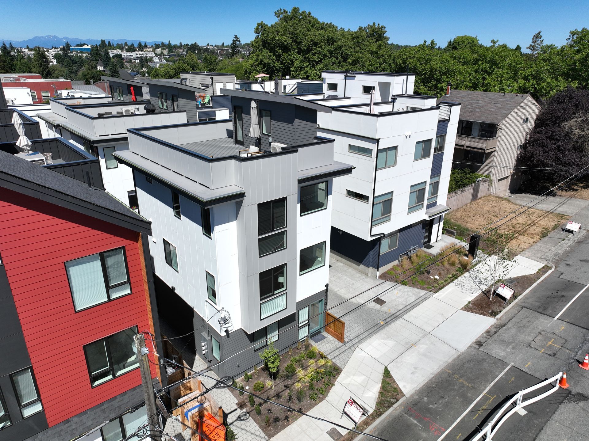 An aerial view of a building with a lot of windows