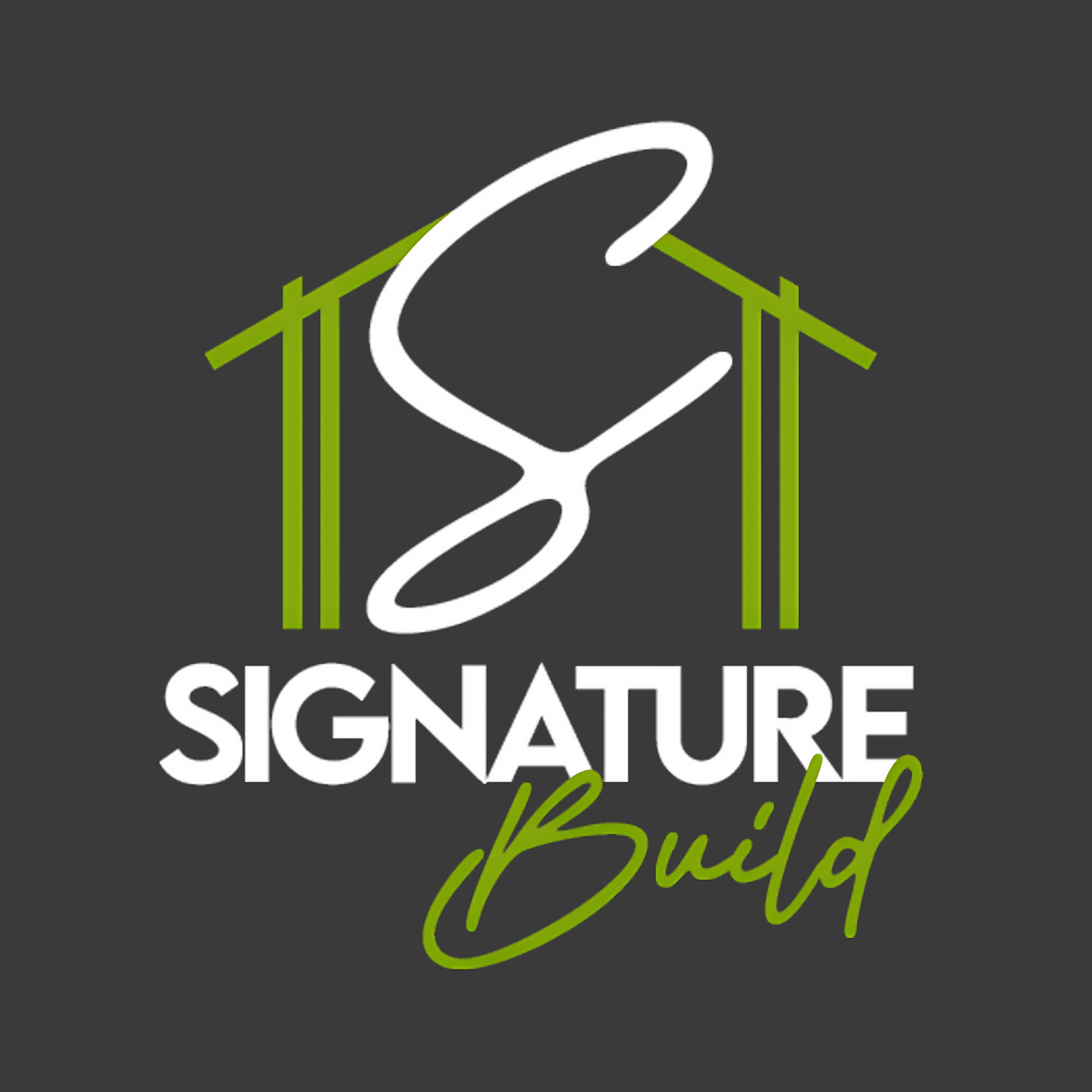 Signature Build logo with white and green stylized “S” on dark gray background
