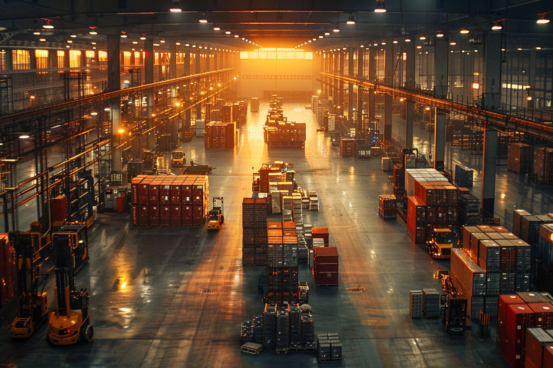 A large warehouse filled with lots of containers and trucks at night.