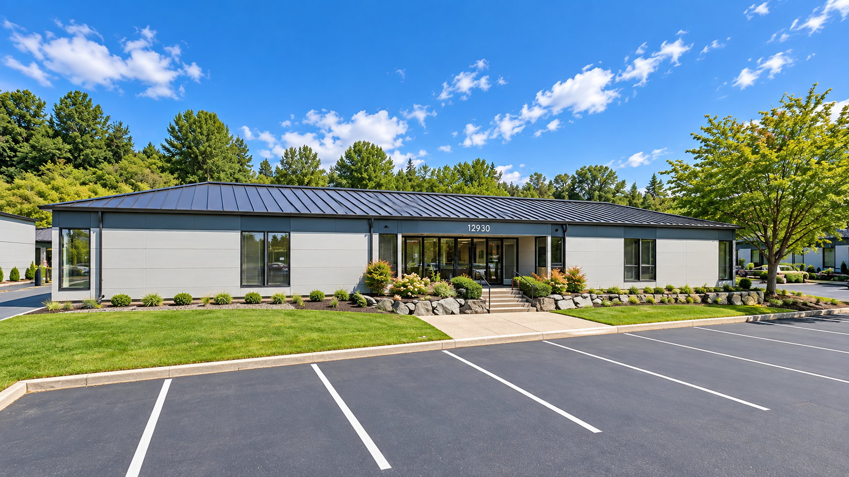 Totem Valley Business Center in Kirkland, WA, fiber cement re-side, trim and flashing by United Seattle