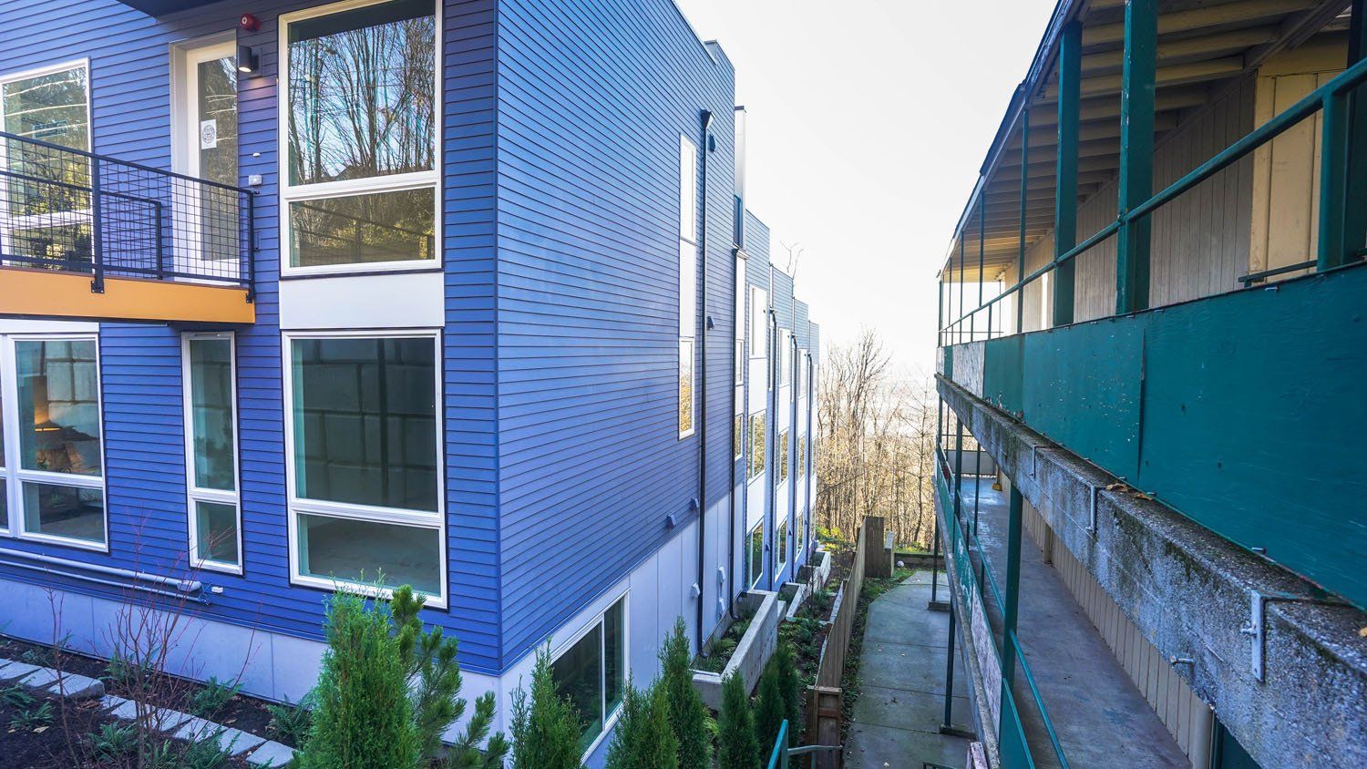 A blue building with a lot of windows is next to a green building.