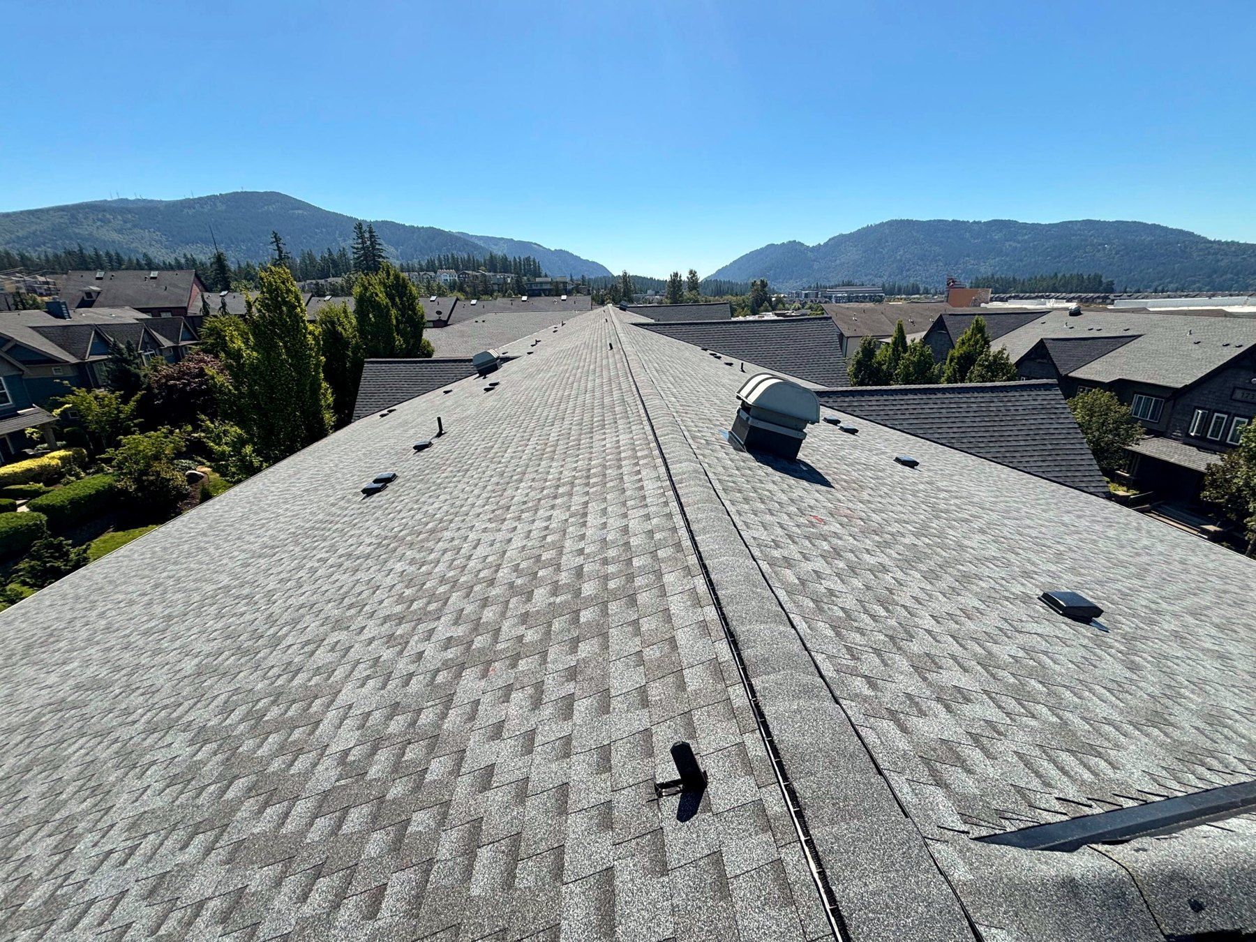 New GAF Timberline HDZ roof ridge at Ashford at Vista Park with the Issaquah Alps behind