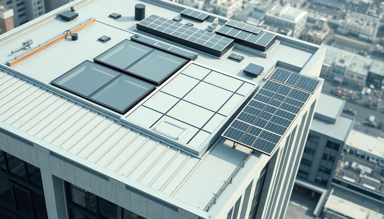 Rooftop solar panels and skylights on a modern building in an urban setting