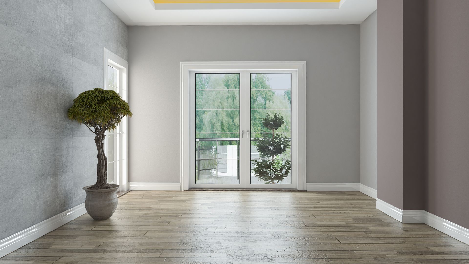 An empty room with a potted plant and sliding glass doors.