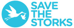 A logo for save the storks with a stork holding a baby