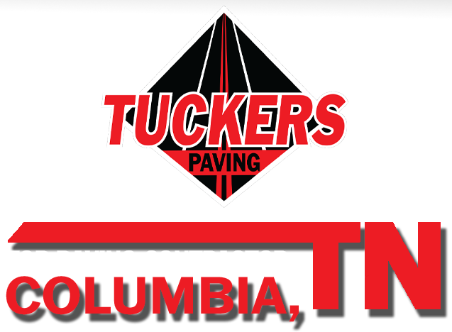 Tuckers Paving logo with red text and diamond icon, Columbia, TN