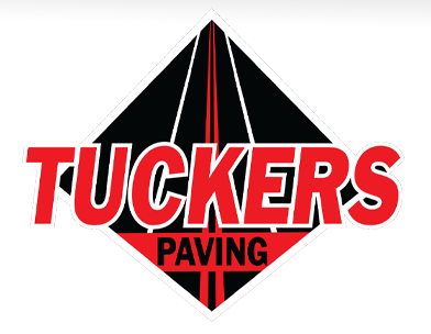 Tuckers Paving logo with red text over a black diamond shape and red road lines