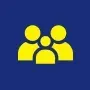 Three yellow people icons on a blue background.