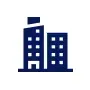 Blue building icon. Two connected structures, windows, dark blue.