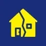 Yellow house split in half, on a blue background.