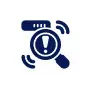 Router with an exclamation point inside a magnifying glass emitting wireless signals.