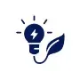 Blue lightbulb with a lightning bolt inside, connected to a leaf, representing green energy.