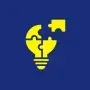 Yellow lightbulb made of puzzle pieces, one piece separate, on blue background.
