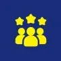 Yellow people icons with three stars on a blue background.
