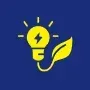 Yellow lightbulb with lightning bolt inside, connected to a green leaf; on blue background.