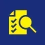 Yellow document with checkmarks and magnifying glass on blue background.