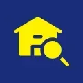 Yellow house icon with magnifying glass on blue background.