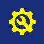 Yellow gear and wrench symbol on a blue background.
