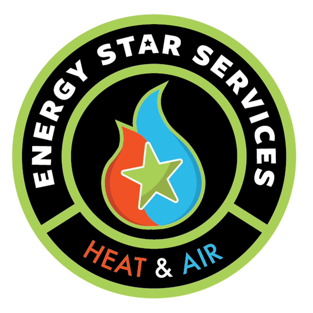 Energy Star Services logo: flame with a star, green and orange, black border, "Heat & Air".