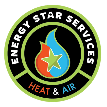 Energy Star Services logo: flame with a star, green and orange, black border, "Heat & Air".