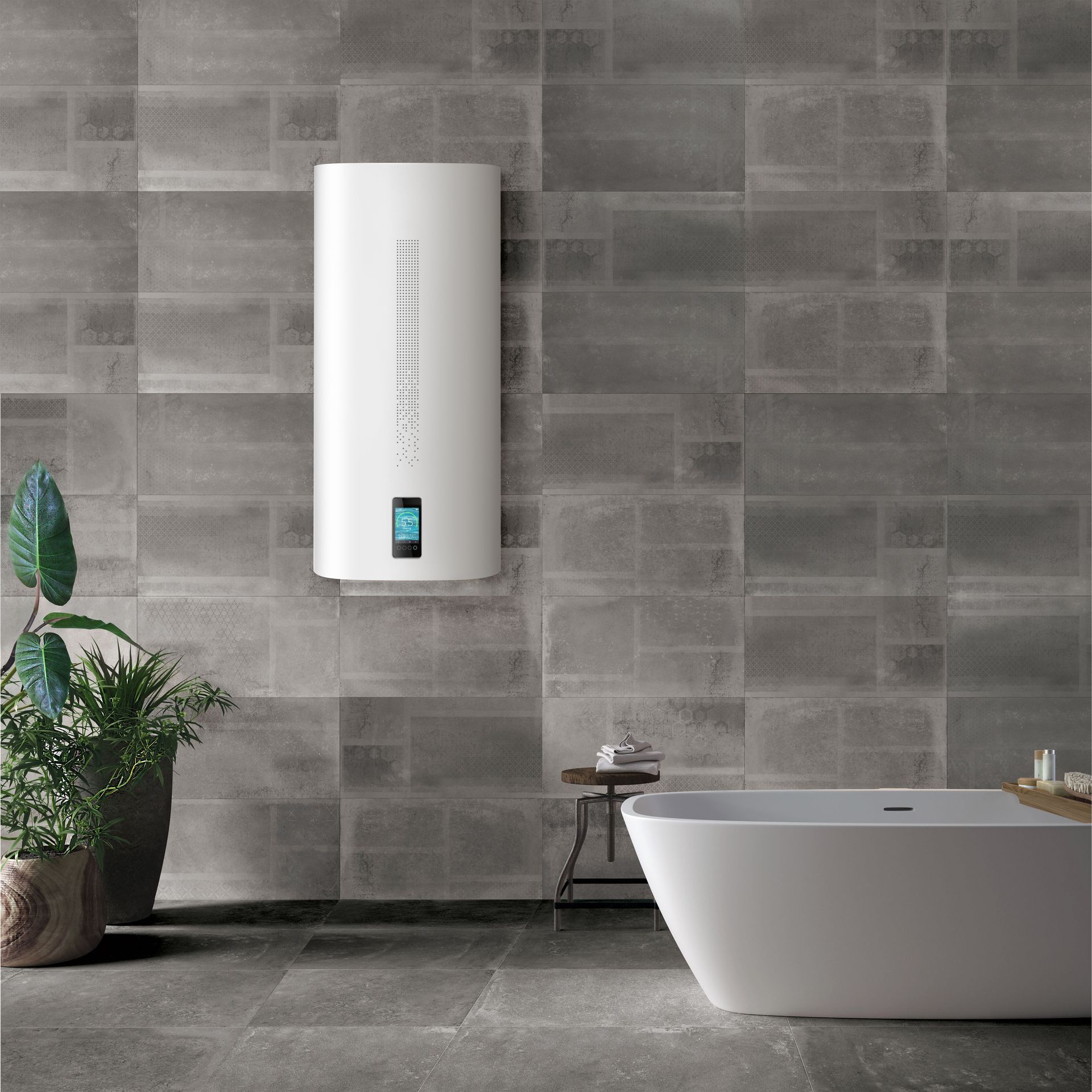 White water heater on gray tiled wall above a white bathtub in a modern bathroom.