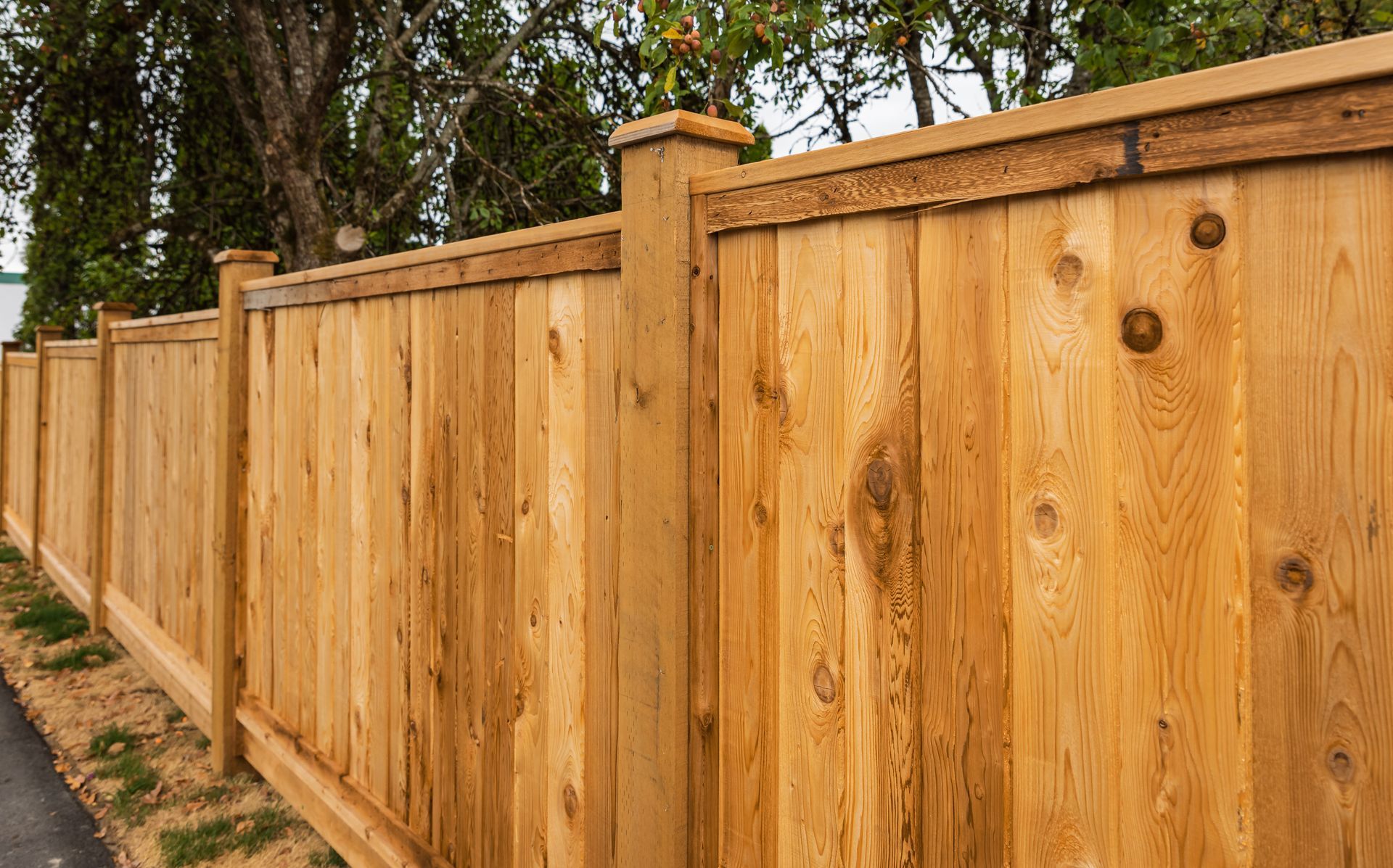 Wooden privacy fence, vertical planks, stained light brown, beside a paved path.