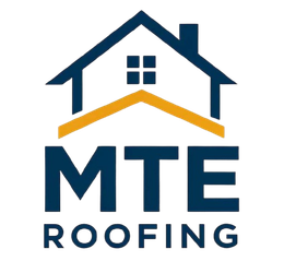 MTE Roofing logo with navy house roof icon and gold accent over bold navy text