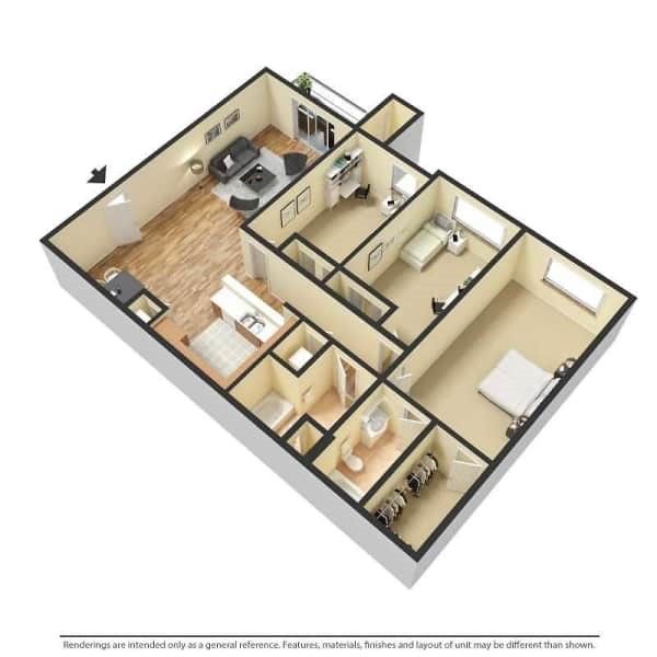 Isometric floor plan of an apartment, showing rooms and furniture.