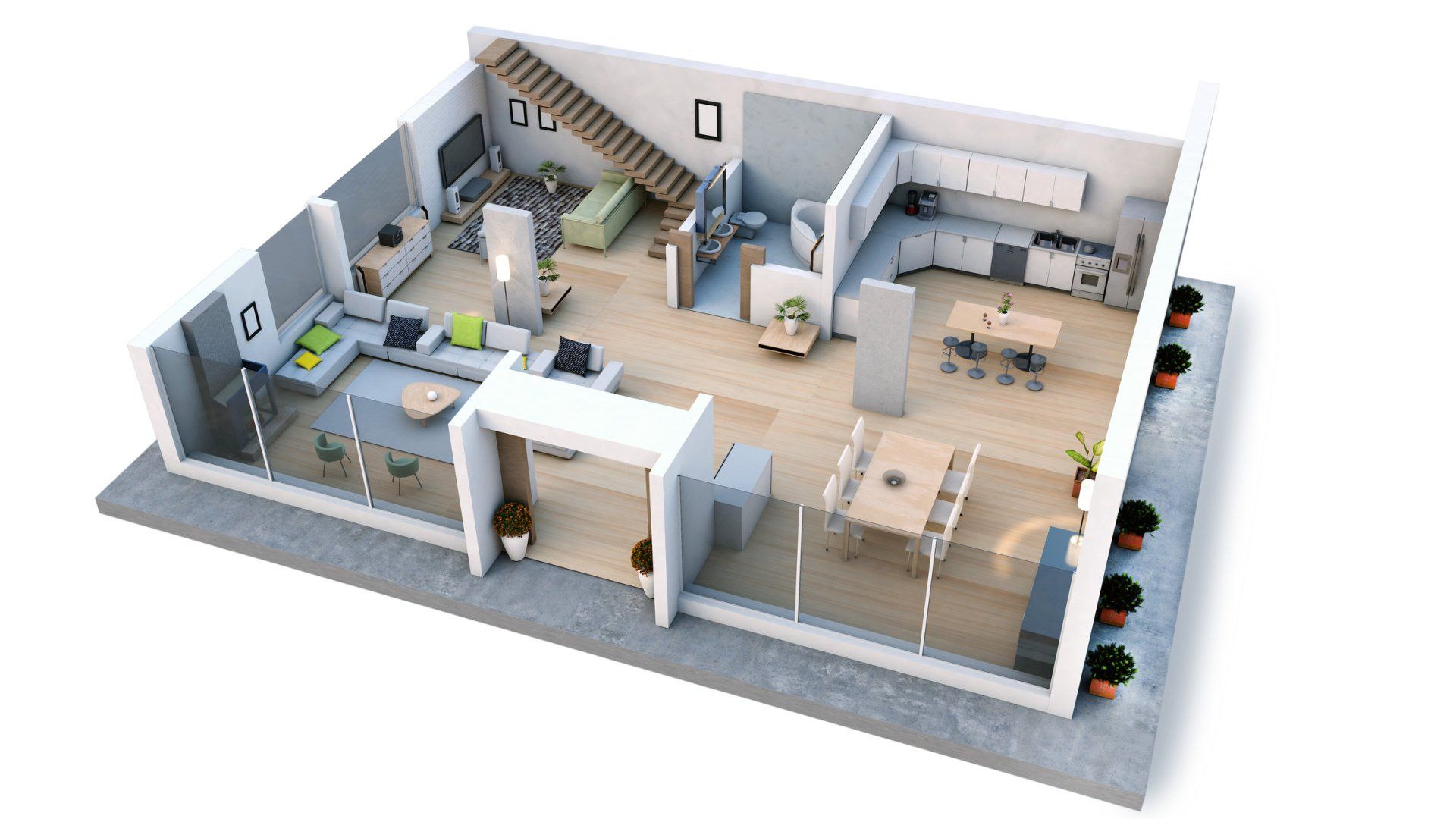 3D rendering of a modern apartment with open floor plan; living room, kitchen, dining area, and balcony.
