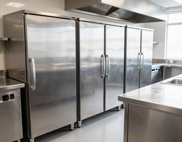 Stainless steel commercial refrigeration equipment inside an organized restaurant kitchen.