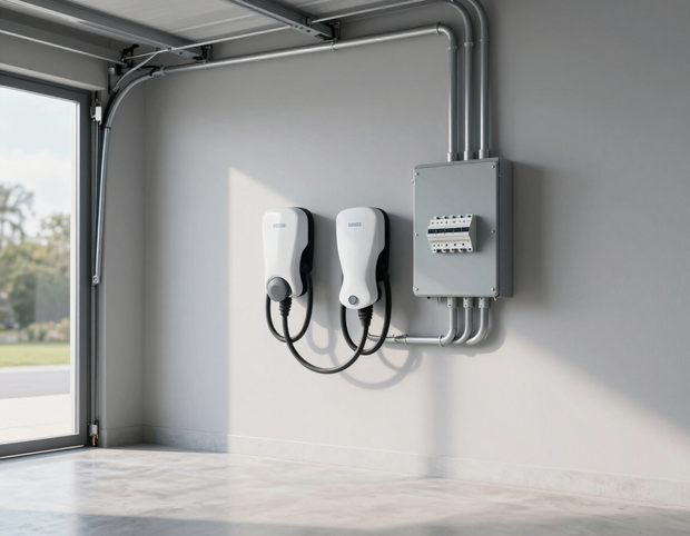 Electric vehicle charger cleanly mounted on a garage wall next to an electrical panel.