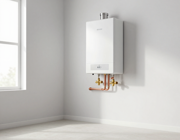 Wall-mounted tankless water heater cleanly installed with organized copper plumbing pipes.