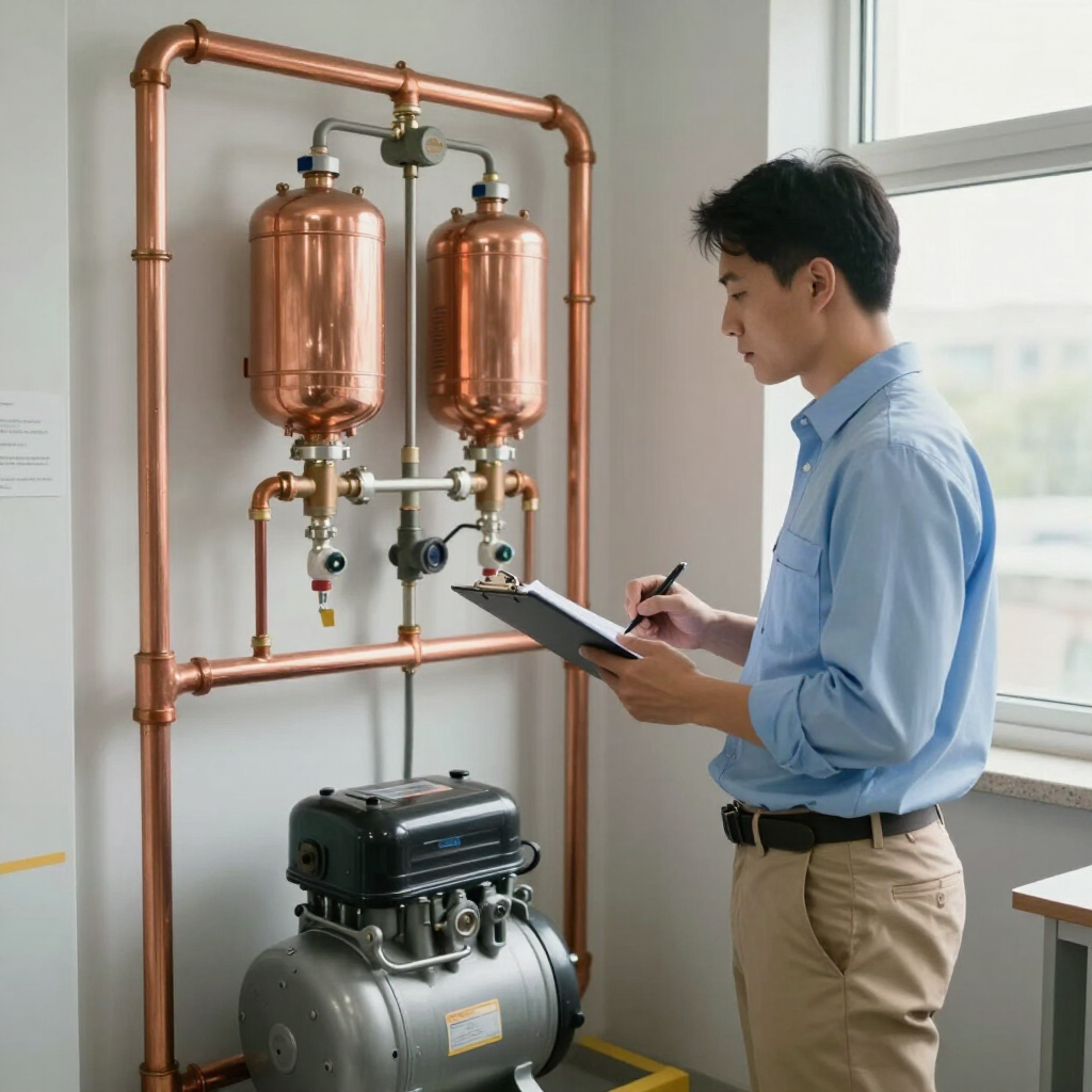 Facility manager inspecting a multi-unit commercial tankless water heater setup.