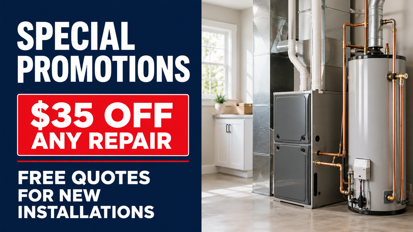 Special promotions: $35 off any repair, free quotes for new installations beside HVAC equipment.