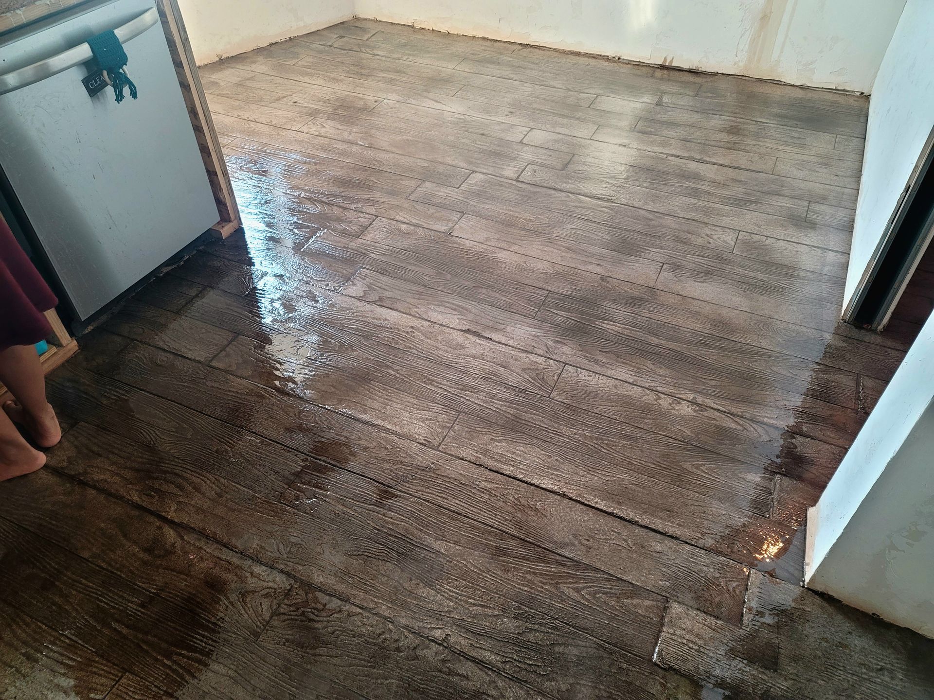 Wet, muddy wooden floor in a small room with a refrigerator at left and doorway at right
