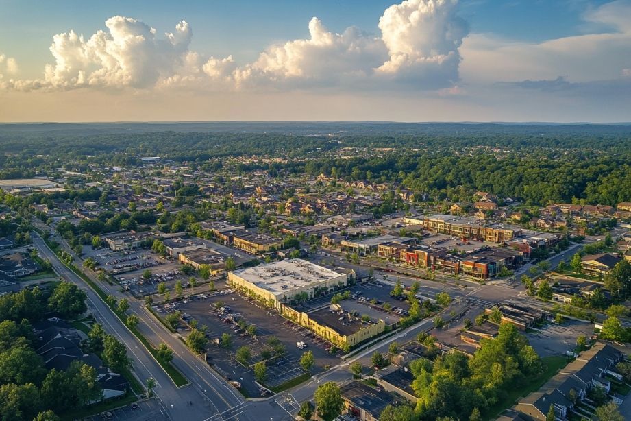 Aerial view of a town with commercial buildings, parking lots, roads, and a forest backdrop under a cloudy sky.