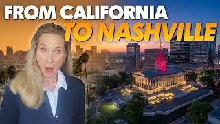 Woman in blue blazer over Nashville skyline with text “From California to Nashville”