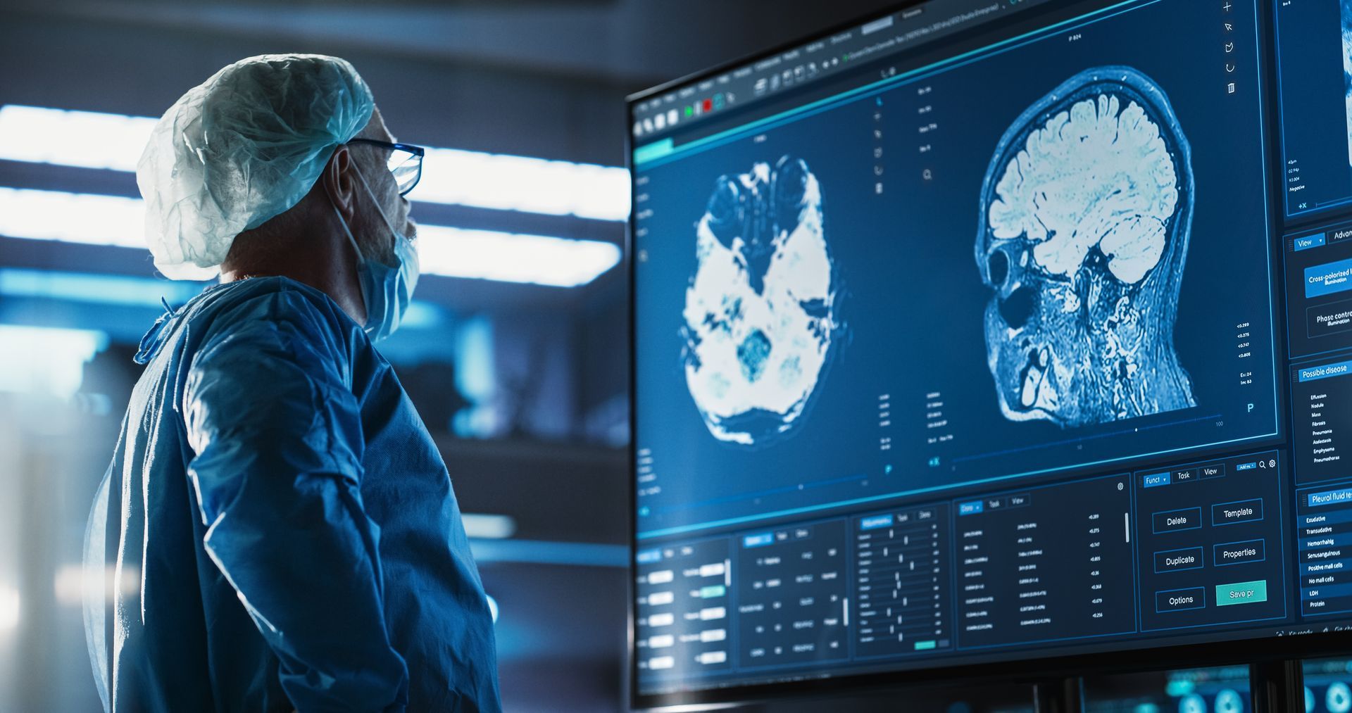 A neurosurgeon is looking at an MRI scan.